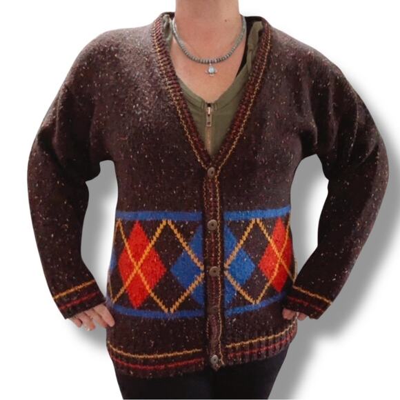 Vintage Cardigan Plaid Prep Argyle Thick Wool blend Button Small 80s - Picture 4 of 16